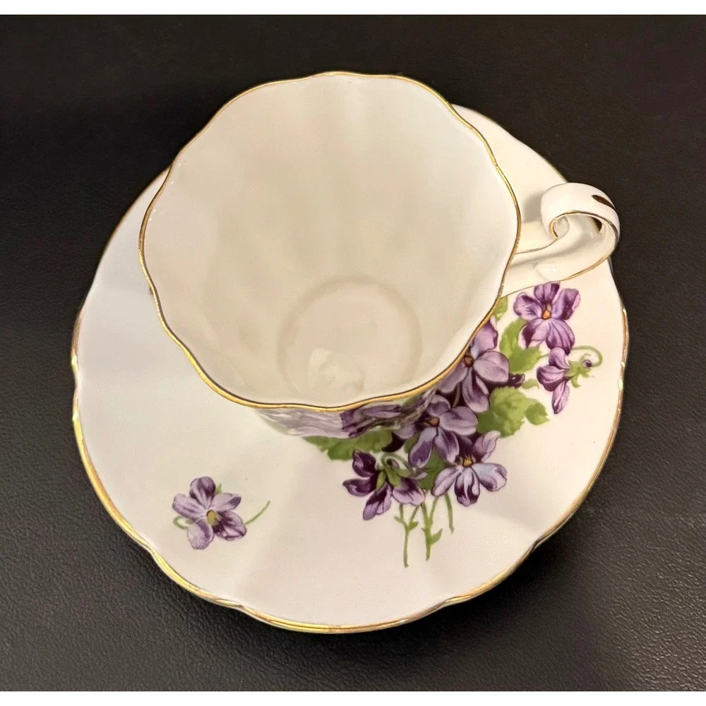 Adderley Teacup Saucer Set White Purple Violets Gold Trim Fine Bone China